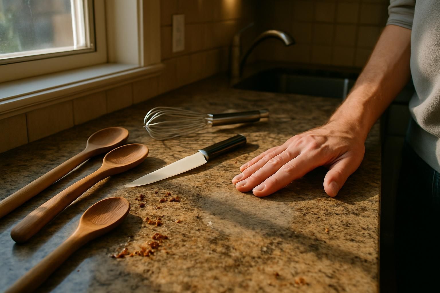 A busy kitchen counter with cooking utensils and a cleaned area.
