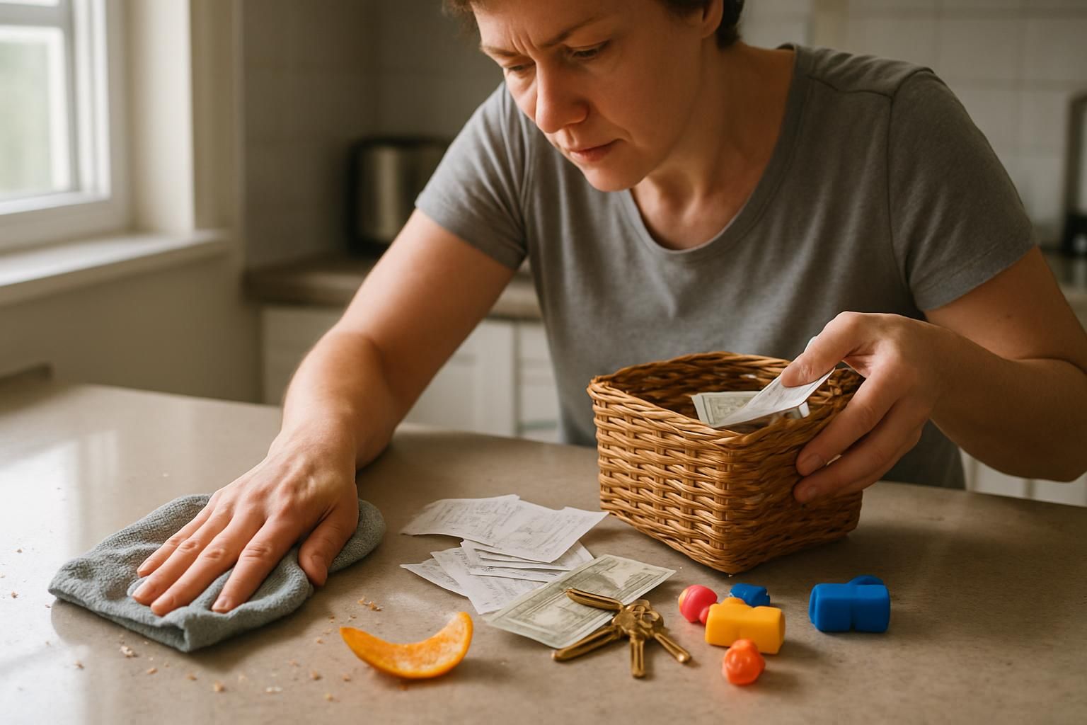 A person tidies a cluttered kitchen countertop with various items.