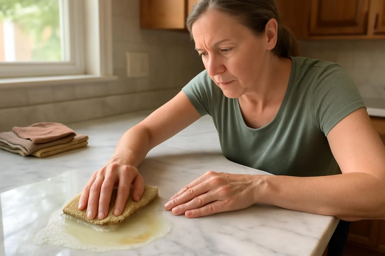 A woman cleans a marble countertop in a sunlit kitchen.