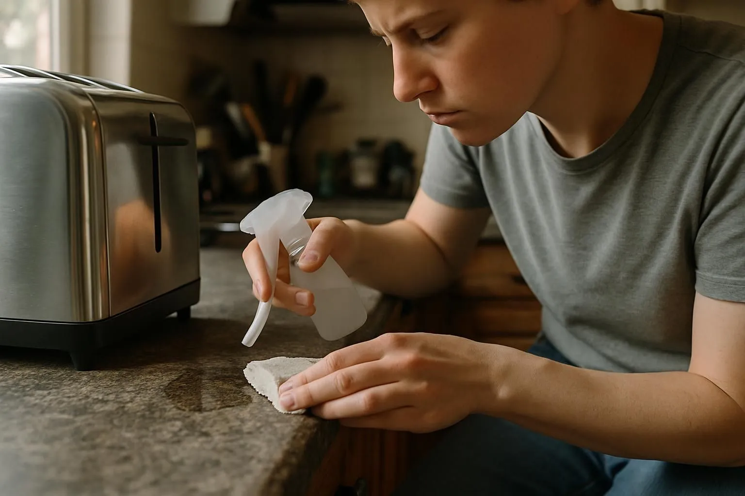 A person cleans beneath a toaster with a cloth and solution.