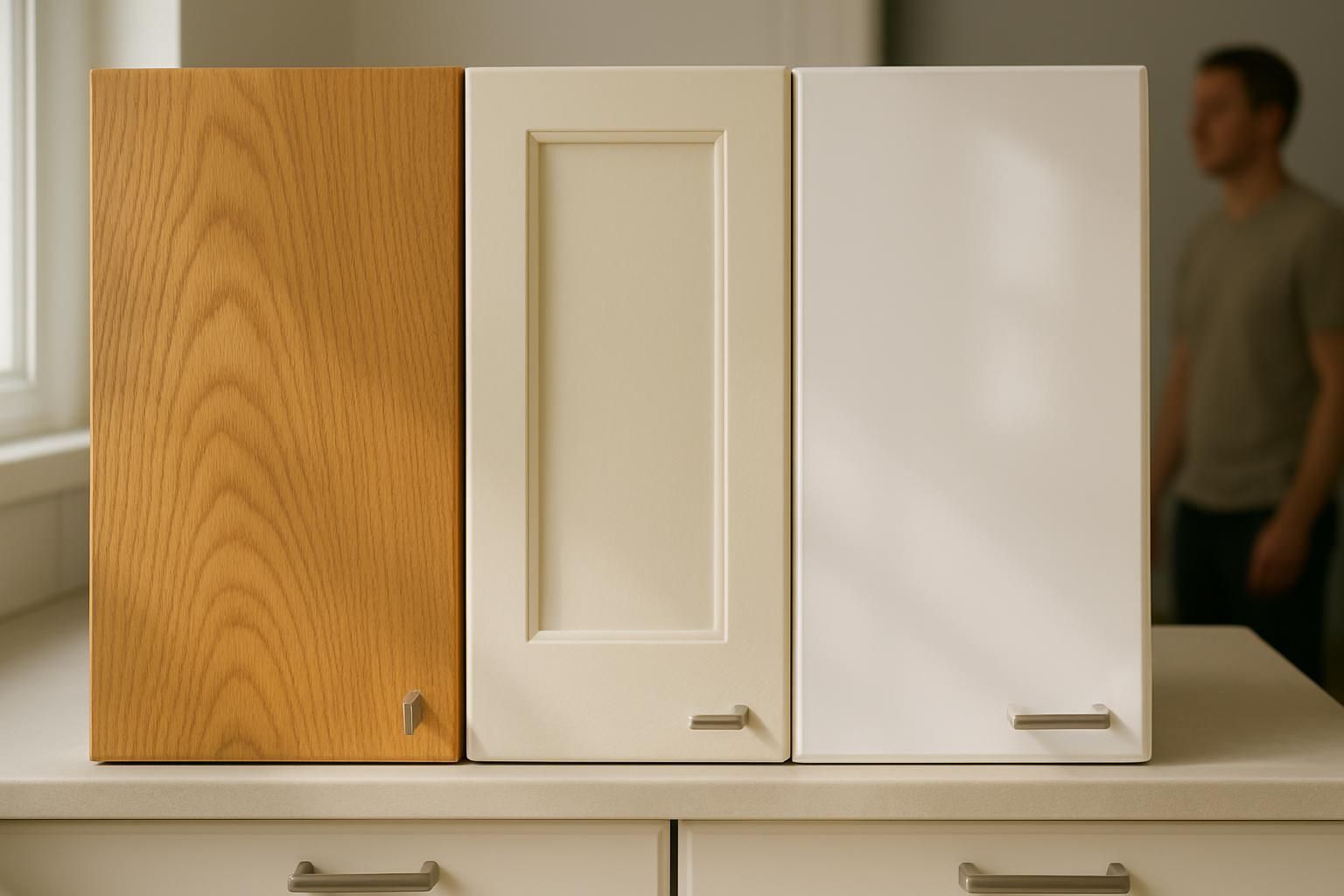 A modern kitchen showcases diverse cabinets with rich textures and finishes.