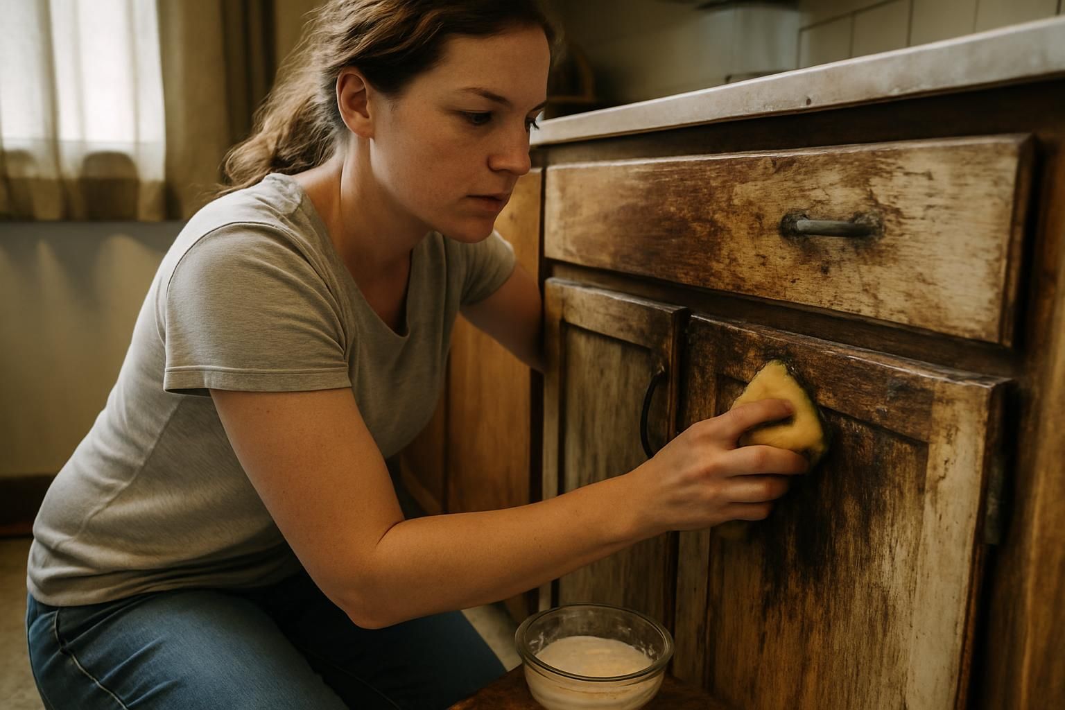 A woman scrubs a dirty wooden kitchen cabinet with focus.