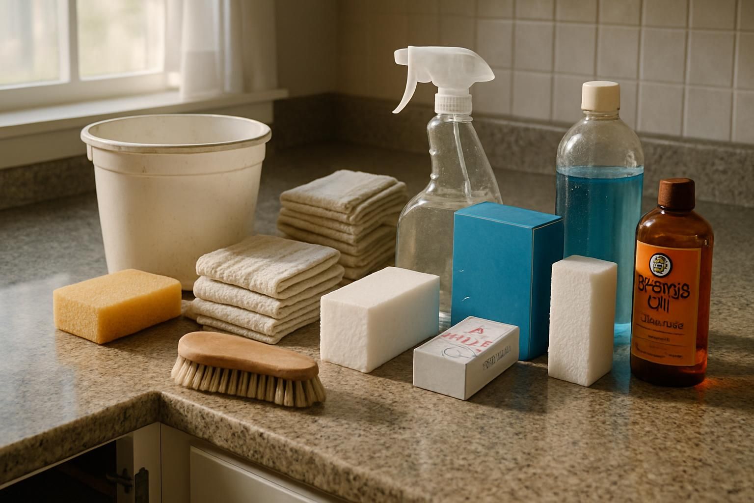 A cluttered kitchen countertop displays cleaning supplies and tools.