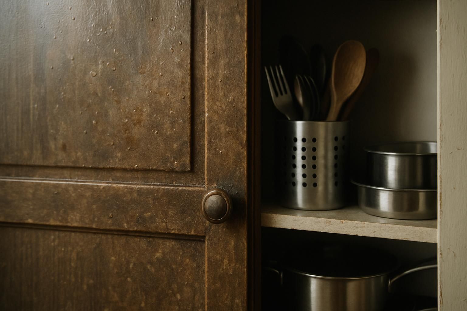 The cabinets show worn exteriors contrasting with a pristine interior.