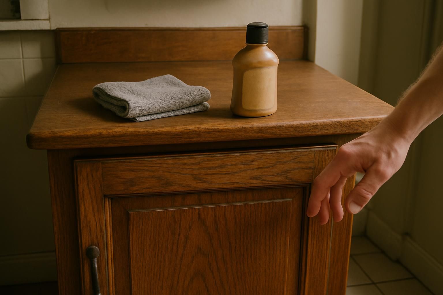 A weathered oak cabinet sits in a cozy kitchen during cleaning.