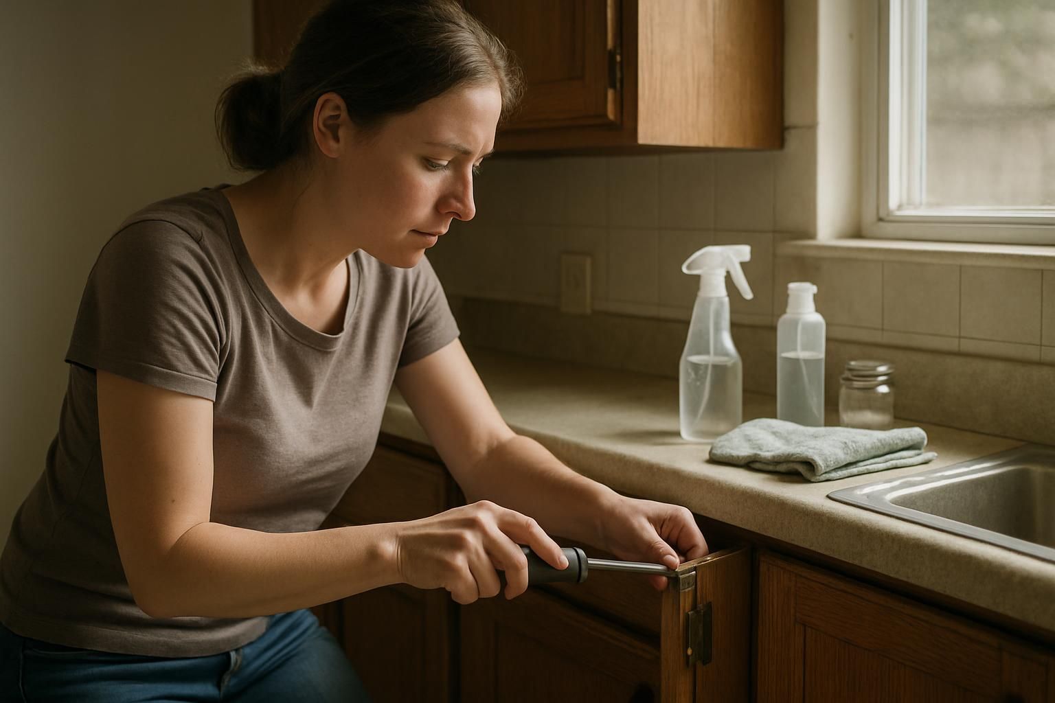 A woman carefully repairs a cabinet in her cozy kitchen.