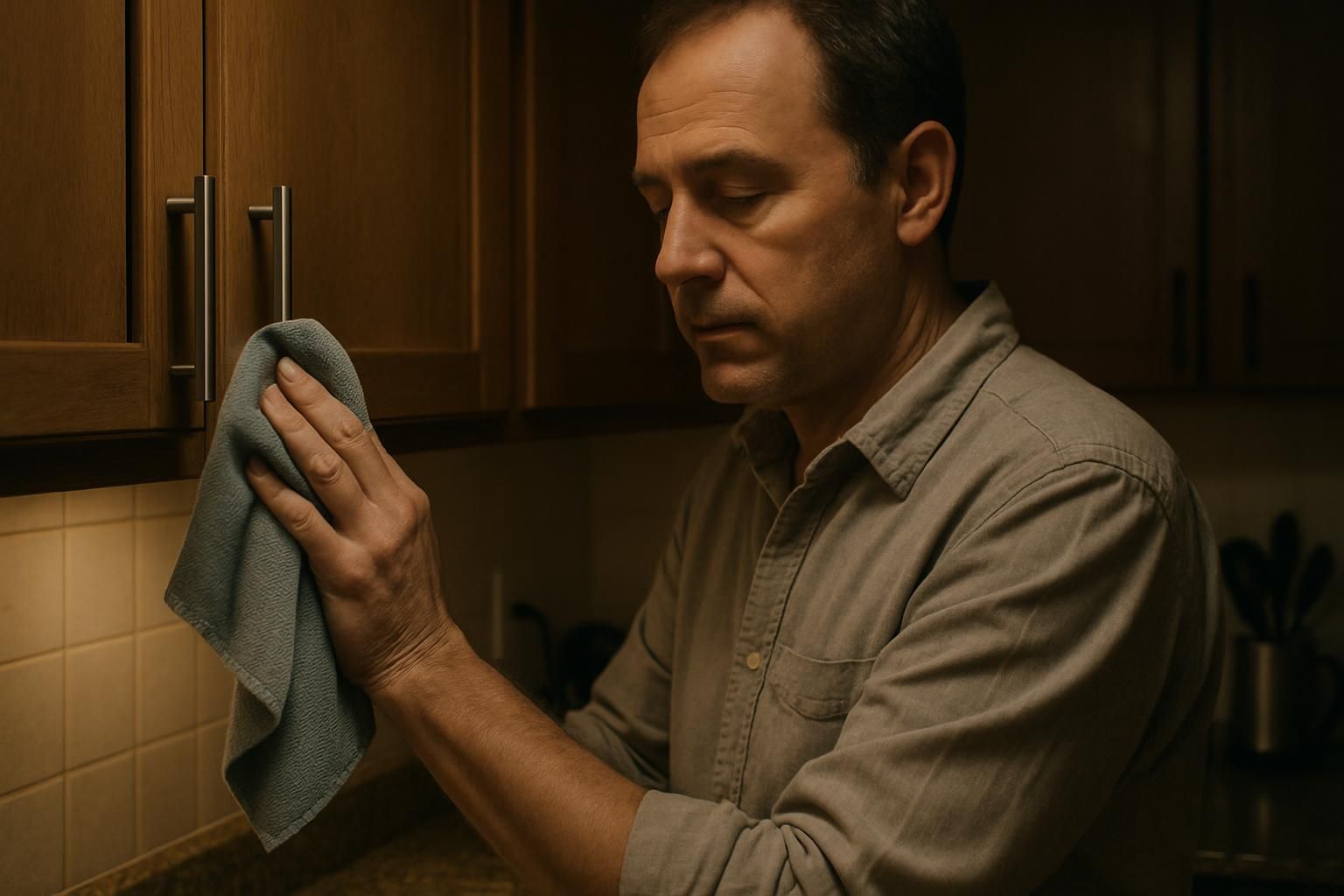 A middle-aged man cleans kitchen cabinet handles with a microfiber cloth.