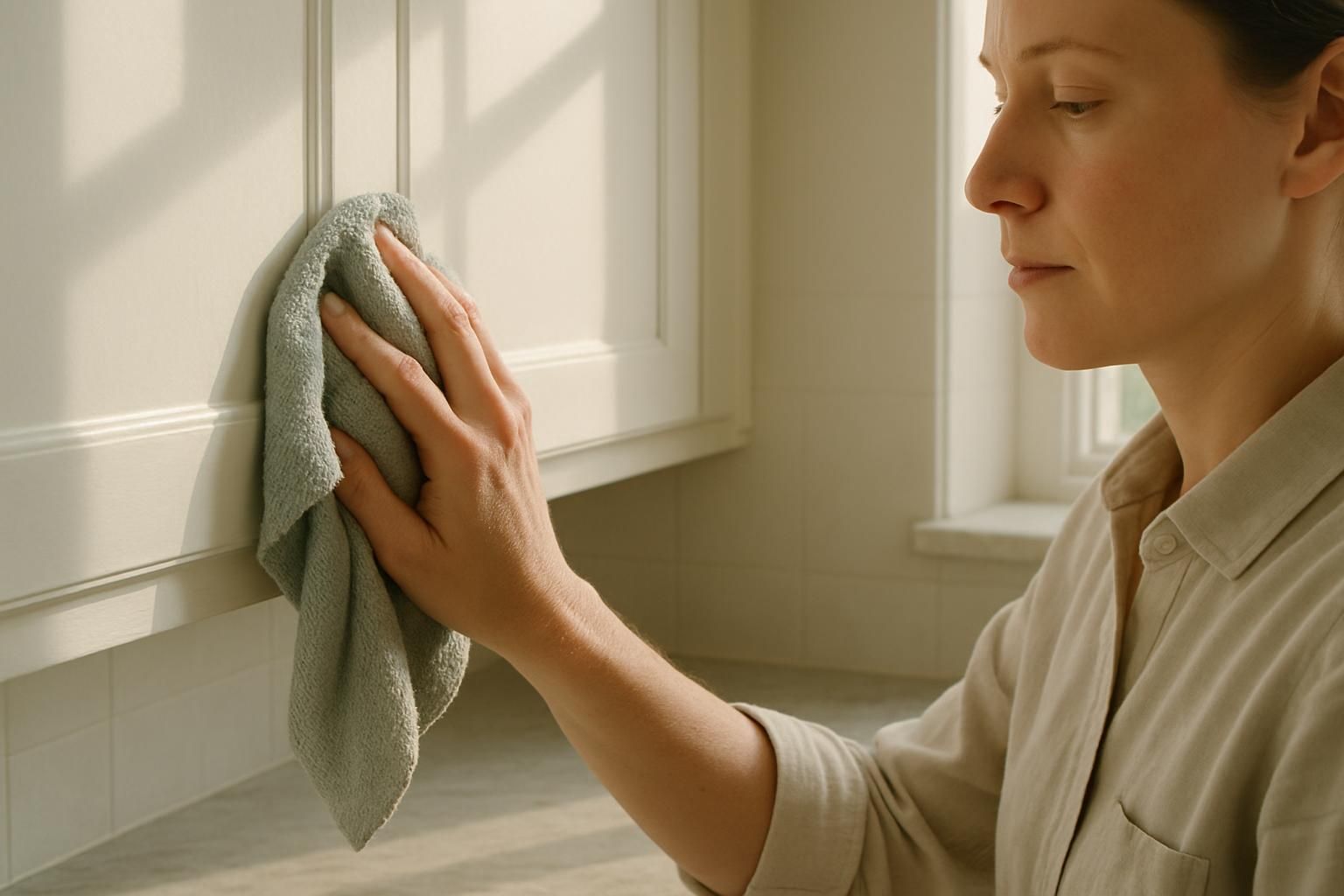 A person cleans white kitchen cabinets in a serene, tidy space.