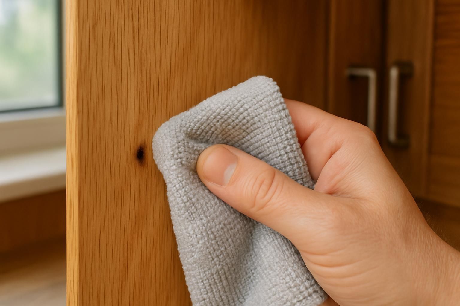 A hand cleans a small blemish on an oak cabinet.