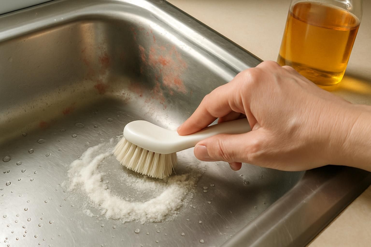 A hand scrubs pink mold stains from a stainless steel sink.