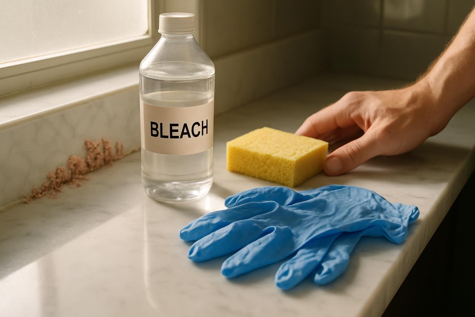 A bathroom cleaning scene with mold, bleach, and cleaning supplies.
