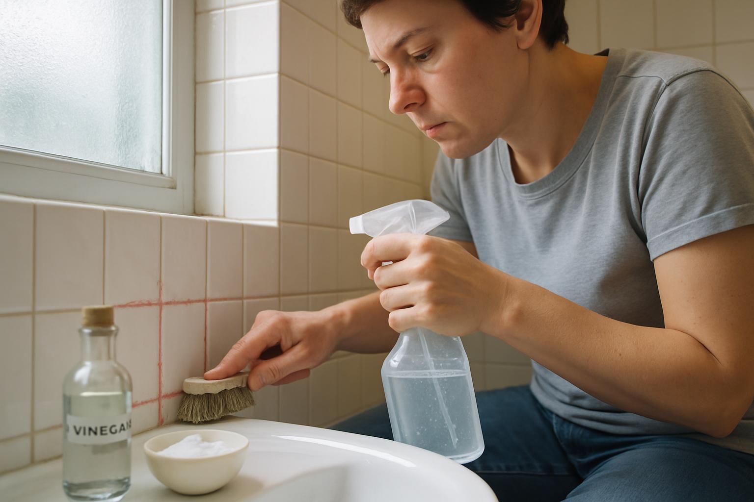 A person cleans pink mold from bathroom tile grout and sink.