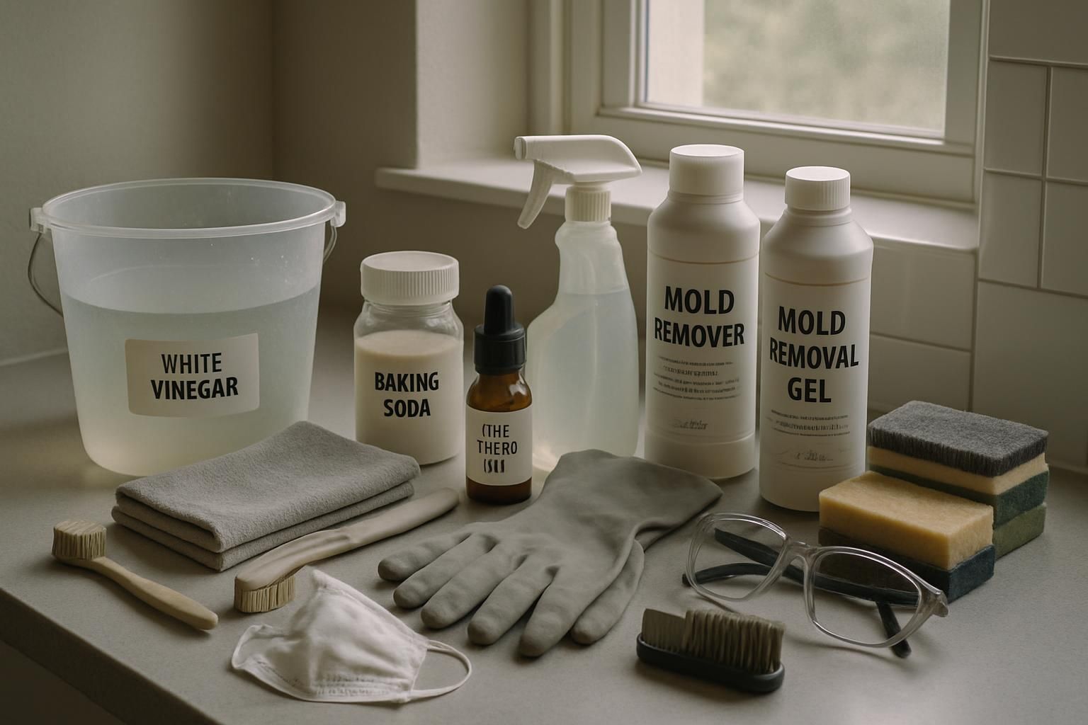 A neatly arranged assortment of cleaning supplies on a quartz countertop.