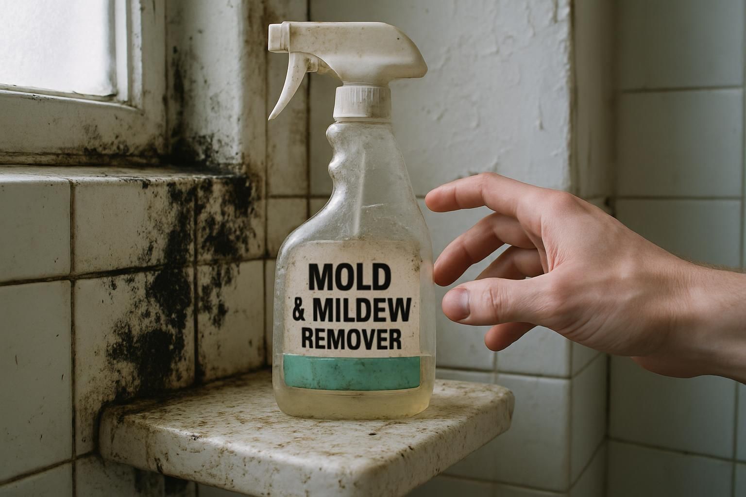 A mold remover bottle sits on a grimy bathroom shelf.