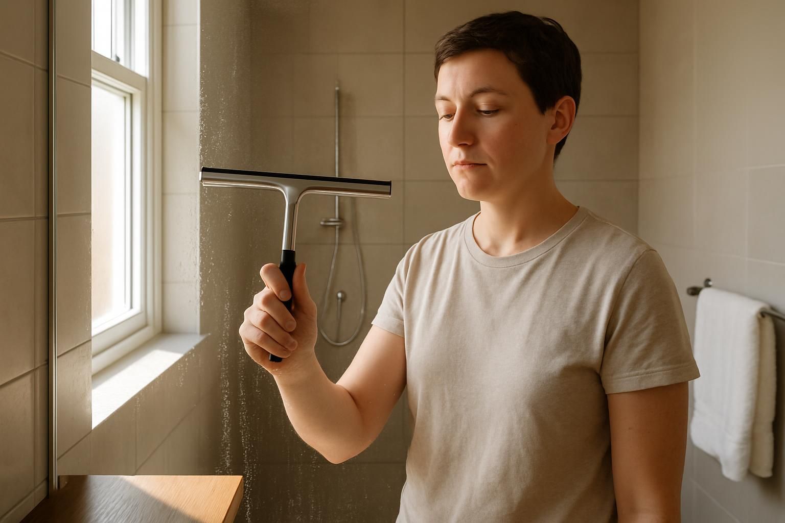 A person uses a squeegee to dry shower glass in a bathroom.