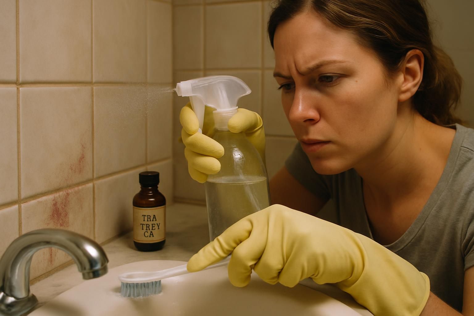 A woman intensely cleans a bathroom corner with a spray bottle.