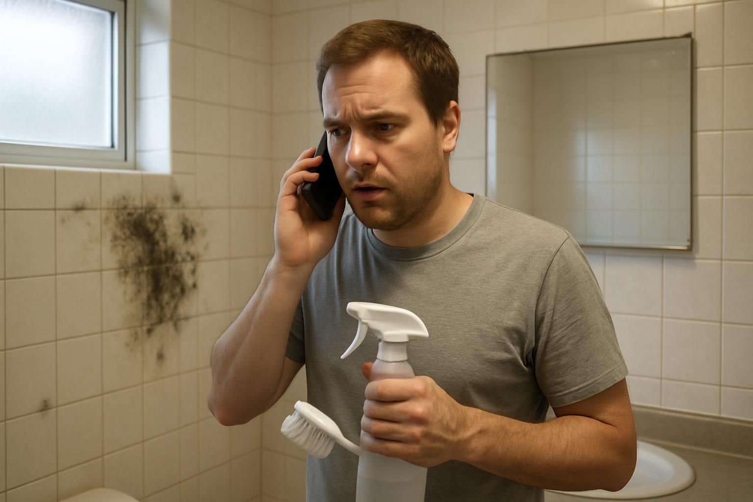 A homeowner contemplates cleaning mold in a worn bathroom.