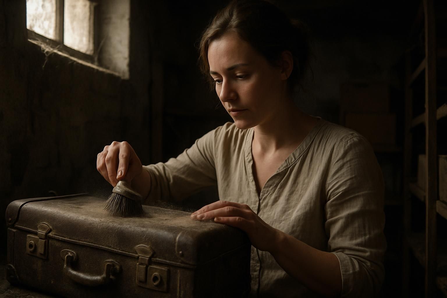 A woman dusts a vintage suitcase in a cluttered storage room.