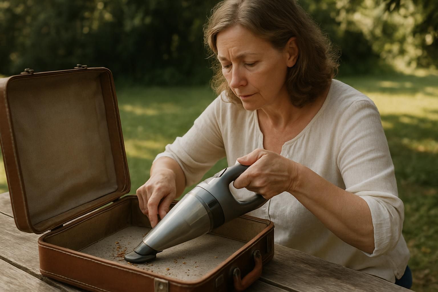 A focused woman cleans crumbs from a suitcase outdoors.