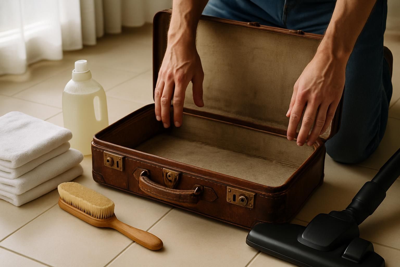 A vintage suitcase is prepared for cleaning amid neatly arranged items.