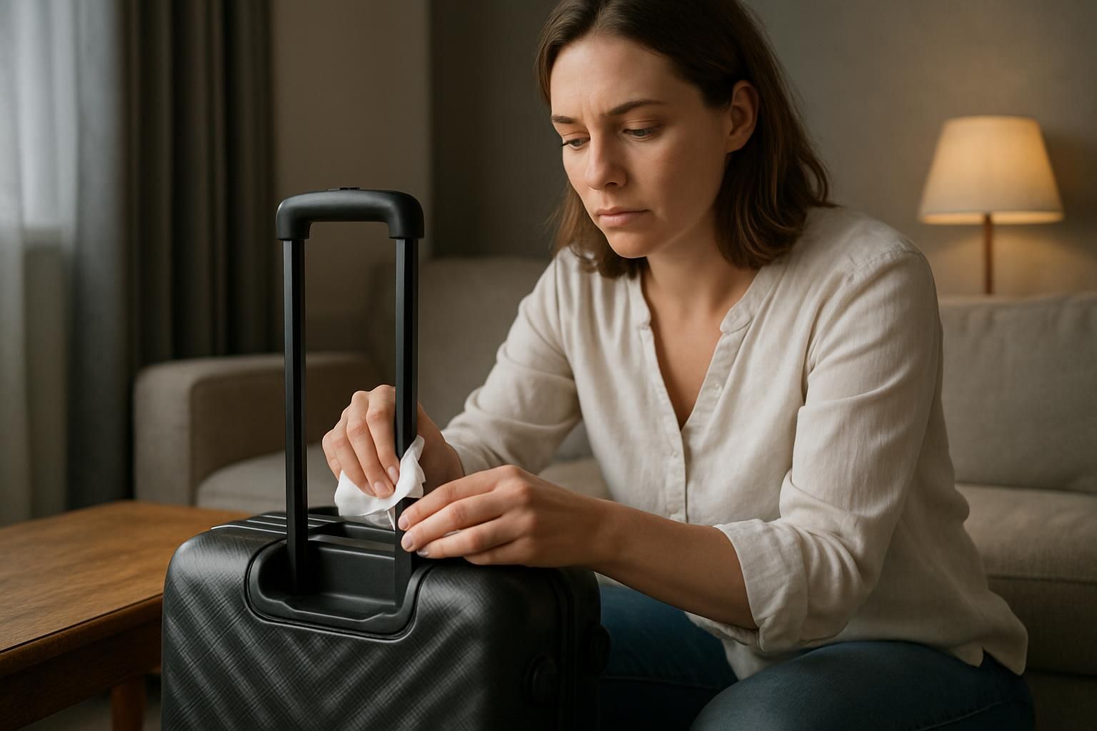 A woman cleans her suitcase in a cozy living room.