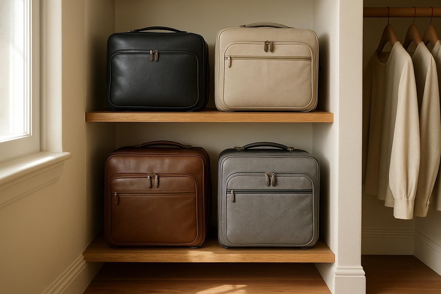 A neatly organized closet showcases stacked suitcases in pristine condition.