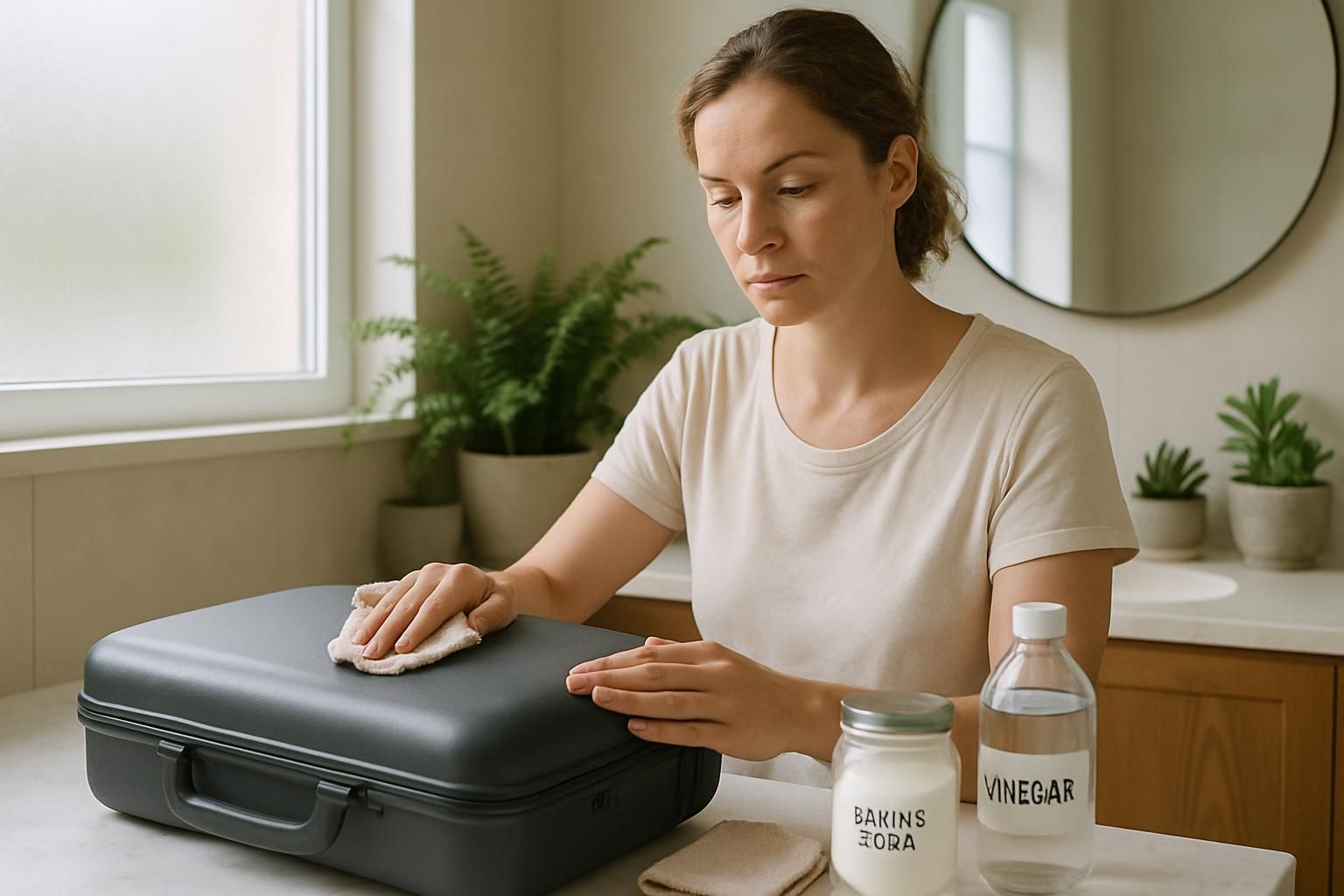A woman cleans a suitcase on a marble bathroom counter.