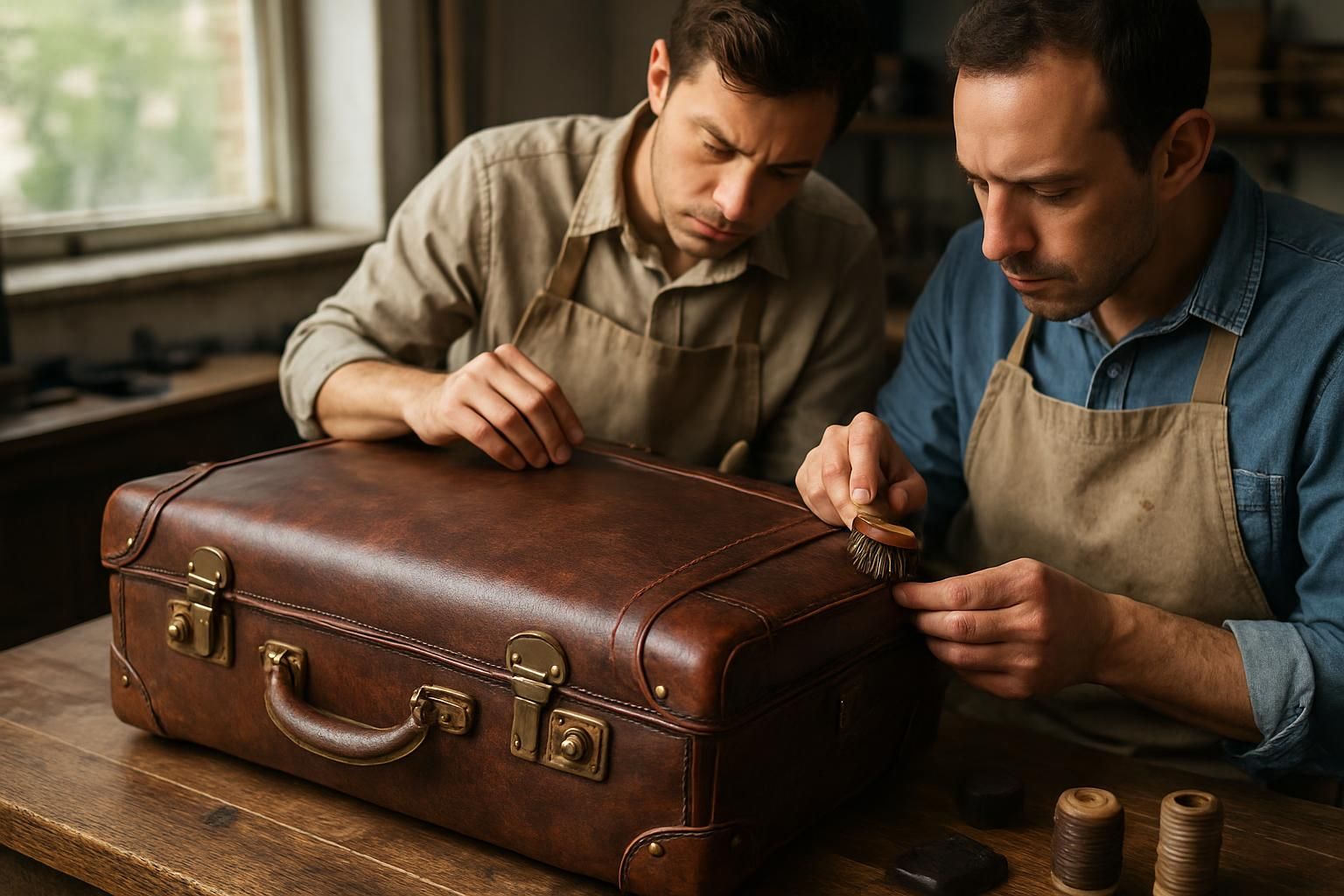 Two craftsmen repair a worn high-end leather suitcase with care.
