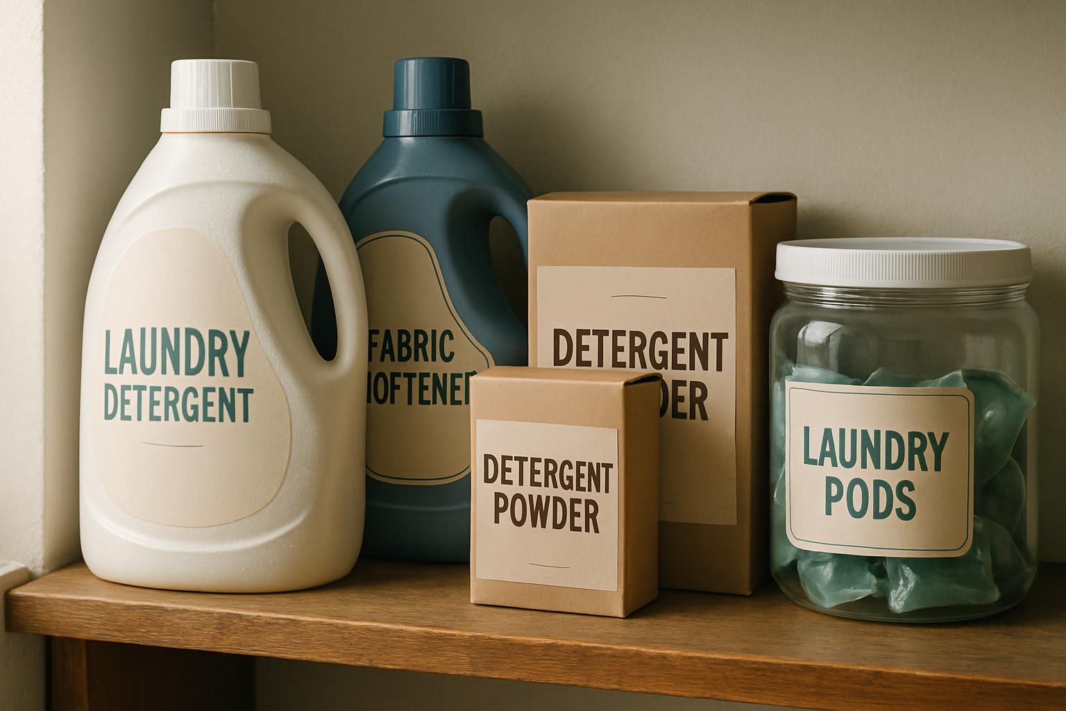 A wooden laundry shelf stocked with various detergent and cleaning products.