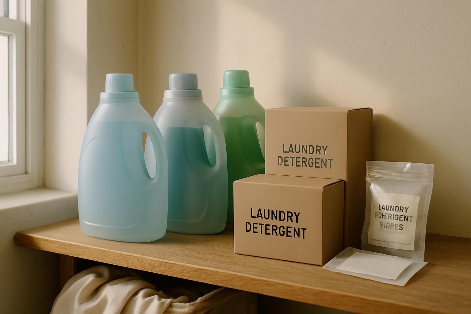 A tidy laundry shelf displays various detergent containers and a laundry bag.