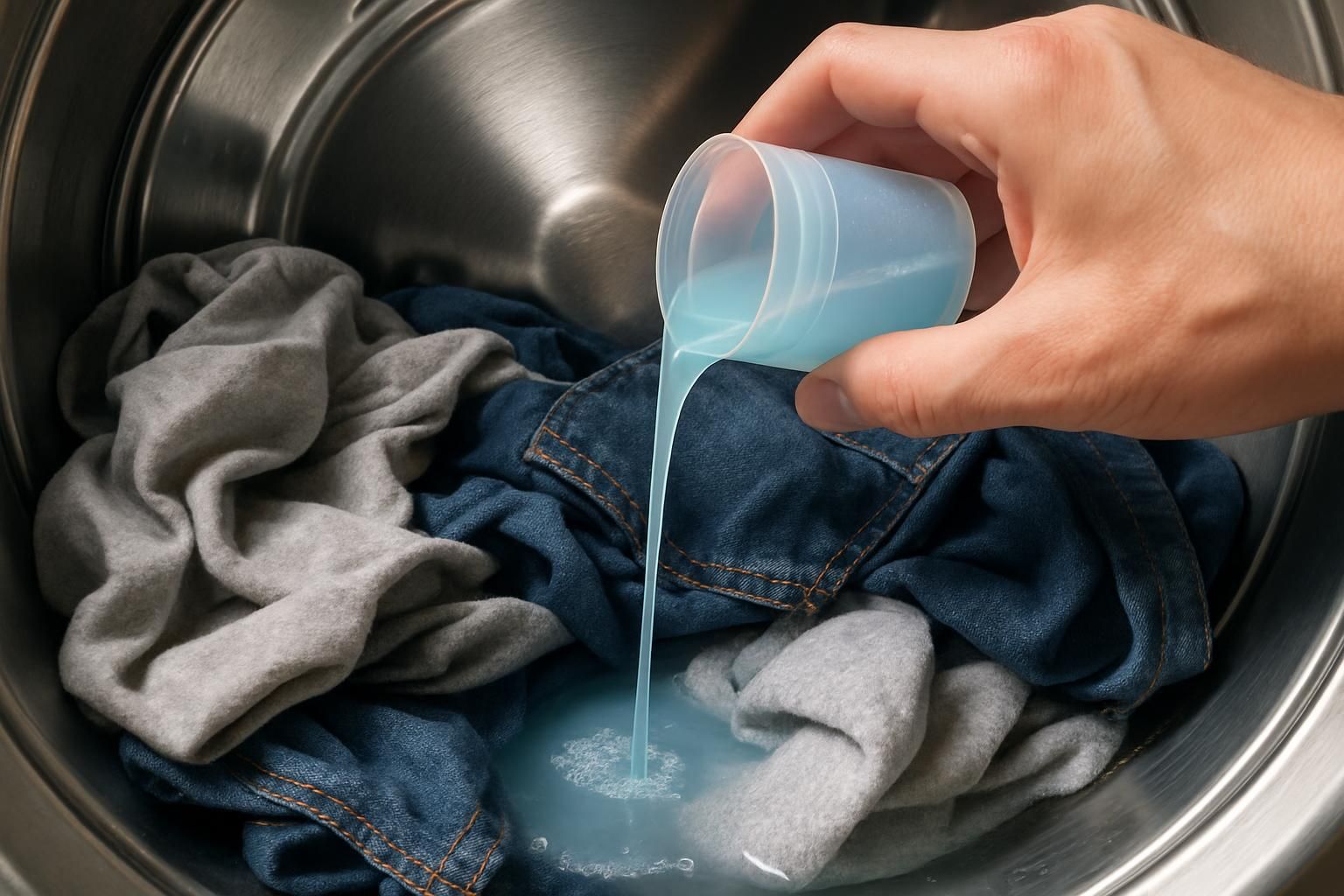 A stainless steel washing machine drum filled with diverse laundry items.