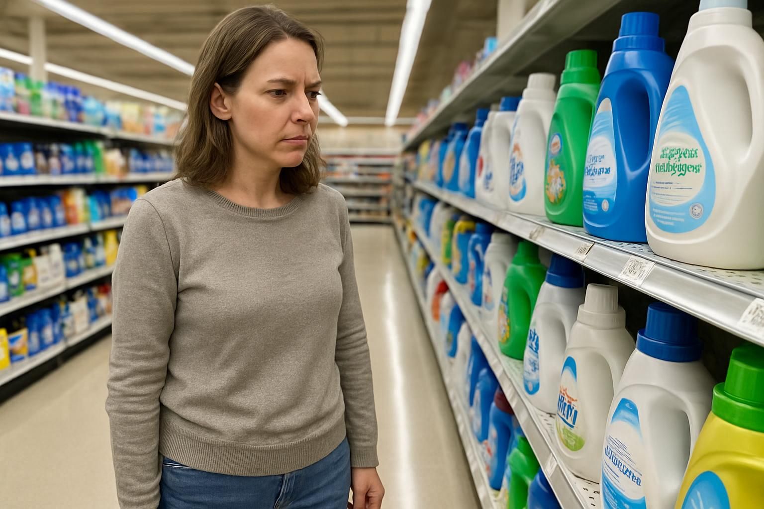 A woman thoughtfully examines laundry detergent options in a supermarket aisle.