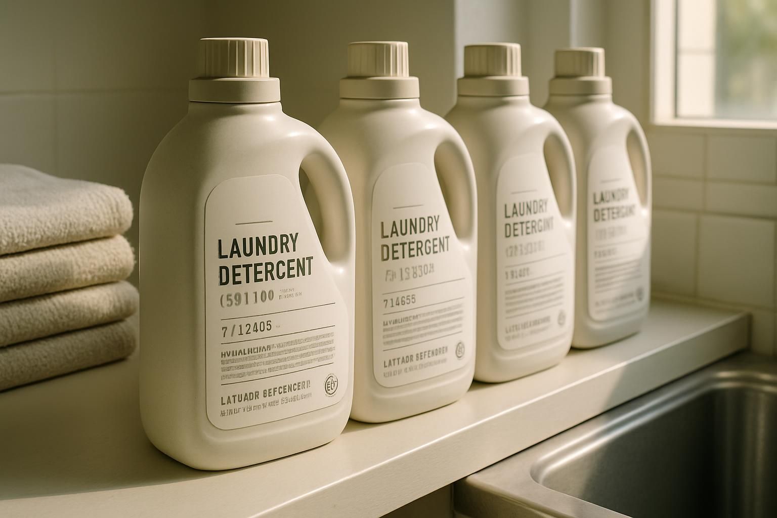 Laundry detergent bottles neatly arranged on a wooden shelf.