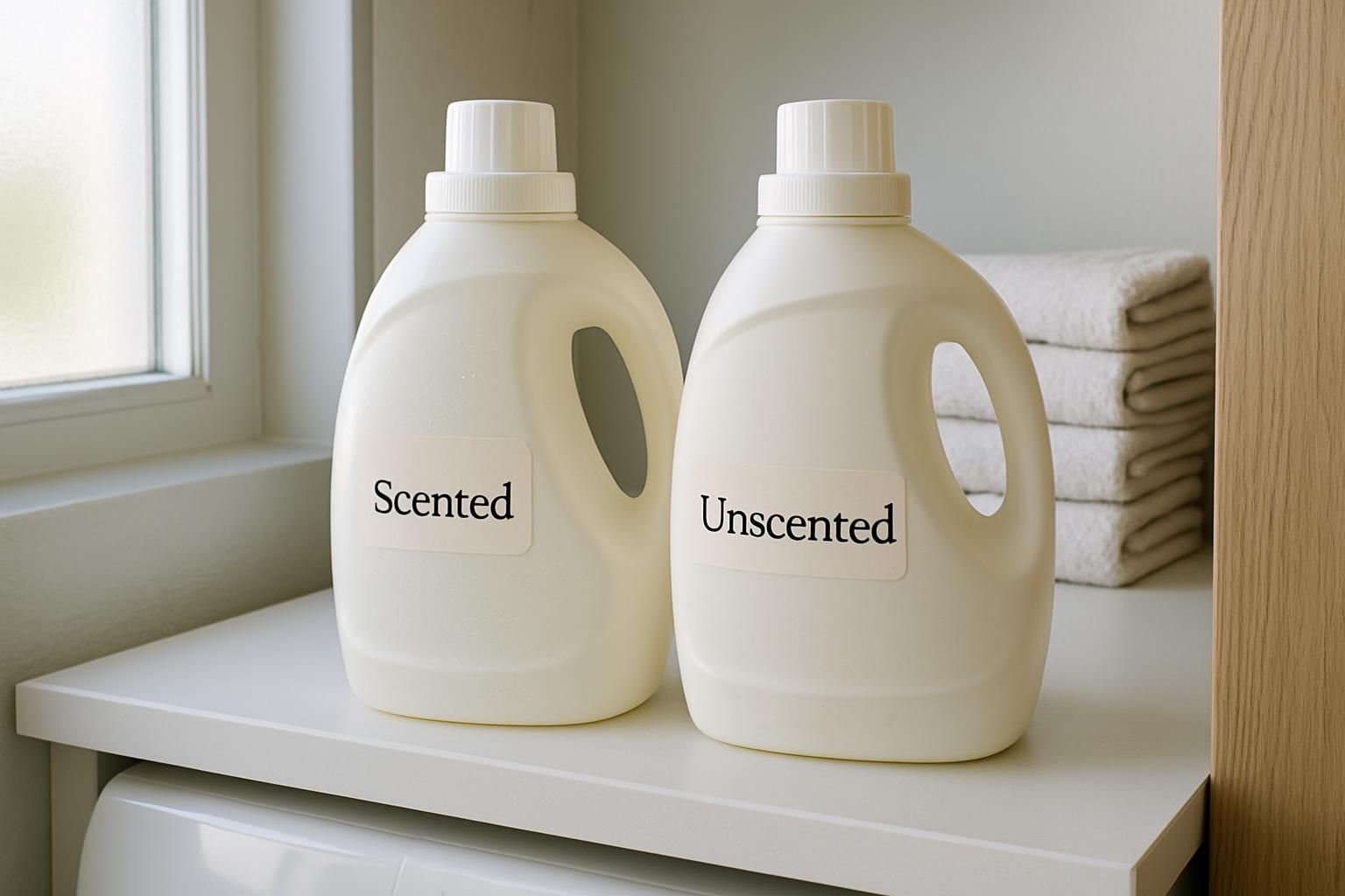 Two laundry detergent jugs, one scented and one unscented, side by side.