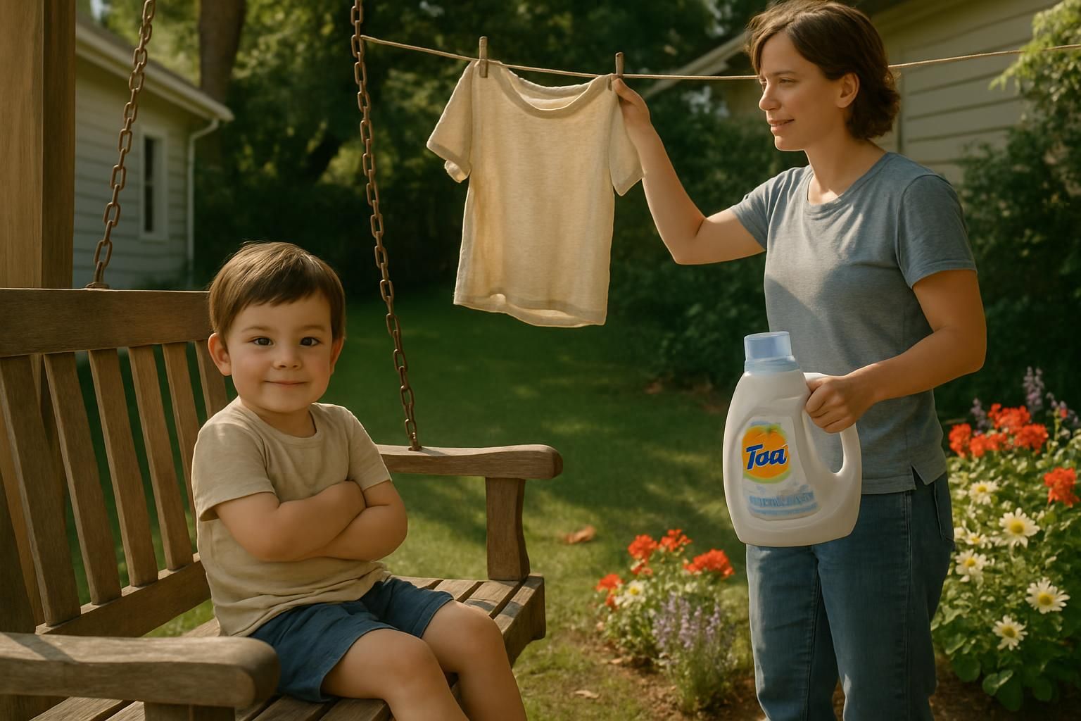 A child relaxes on a porch swing while a parent hangs laundry.