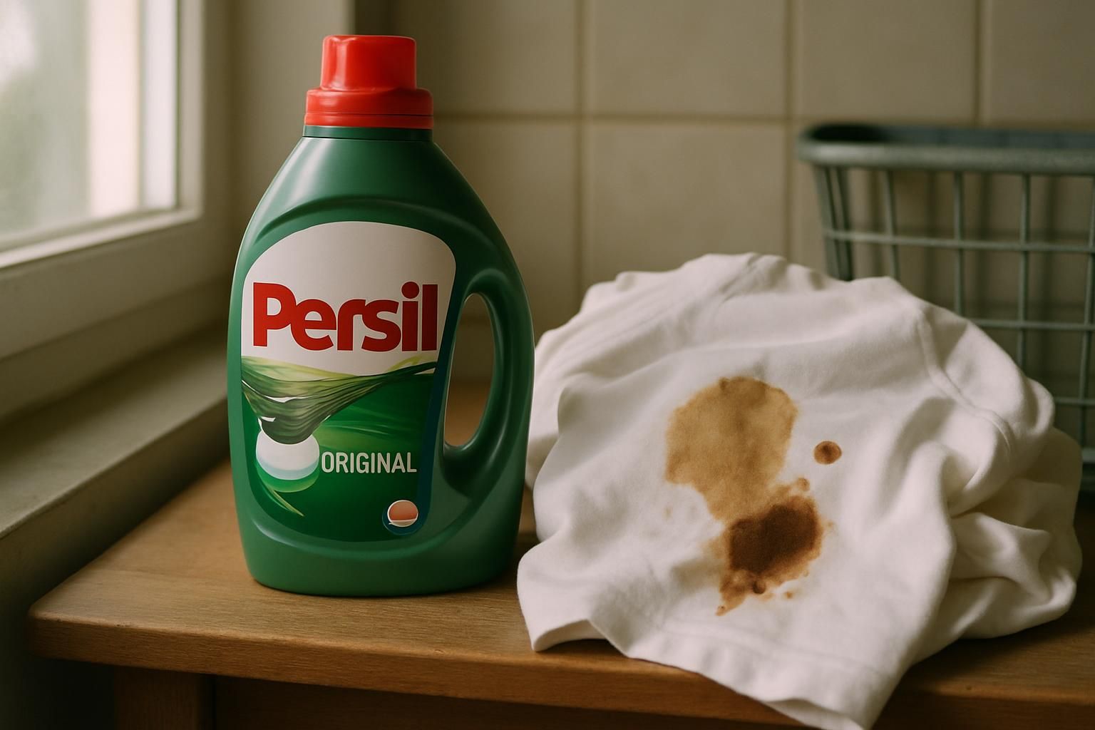A Persil detergent bottle beside a stained cotton t-shirt on a shelf.