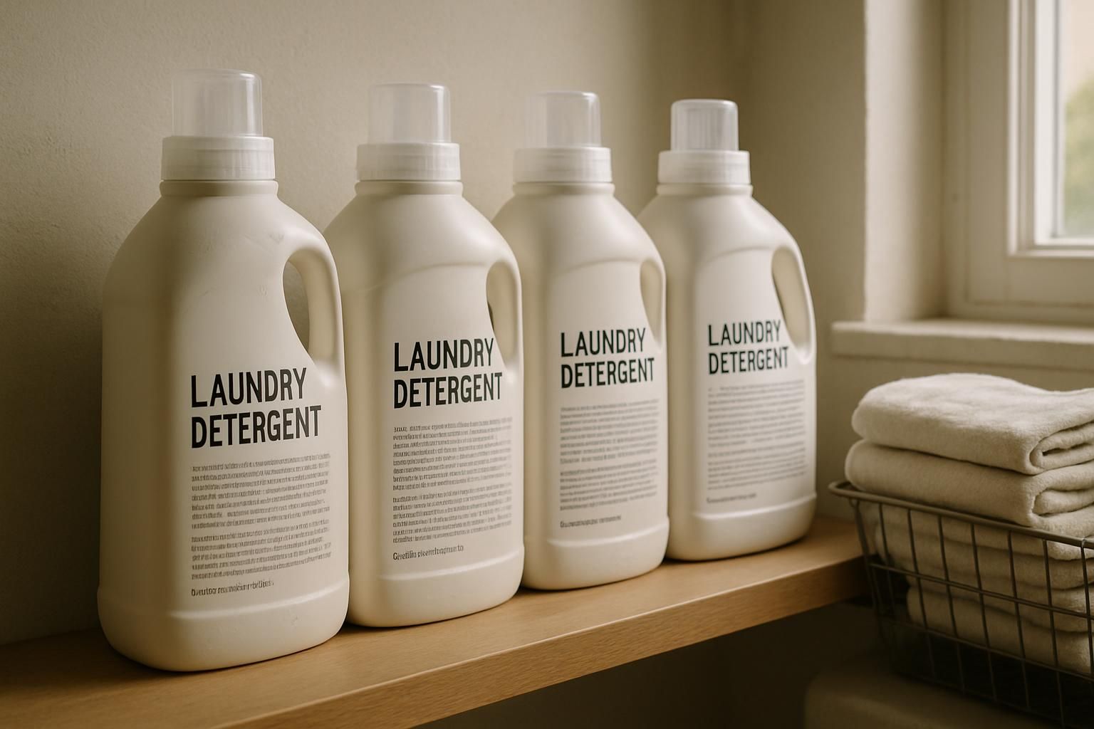 Laundry detergent bottles arranged on a wooden shelf in a laundry room.