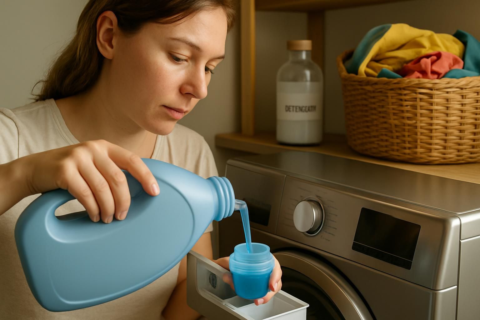 A woman pours blue laundry detergent into a washing machine.