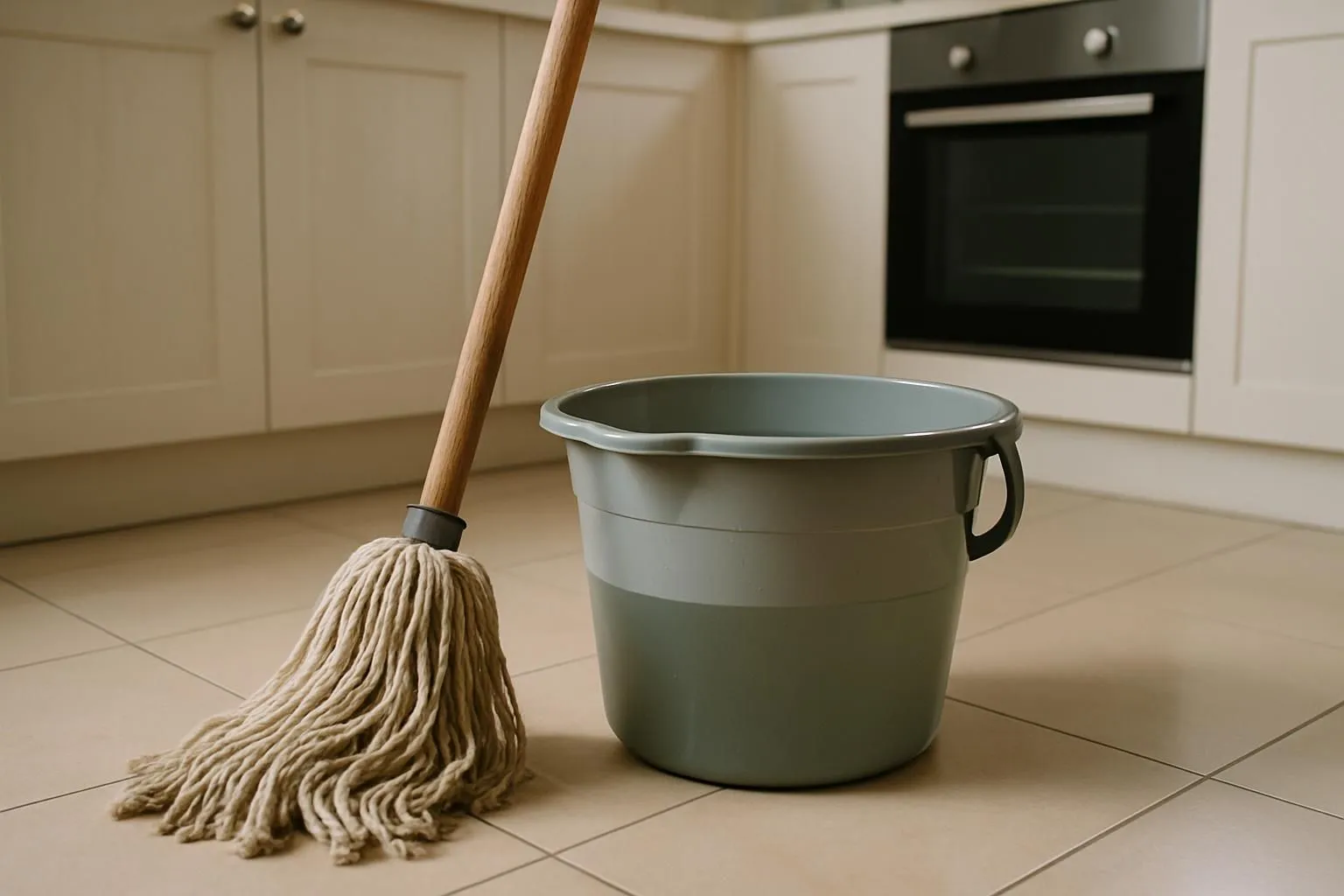 A worn mop leans against a bucket in a clean kitchen.
