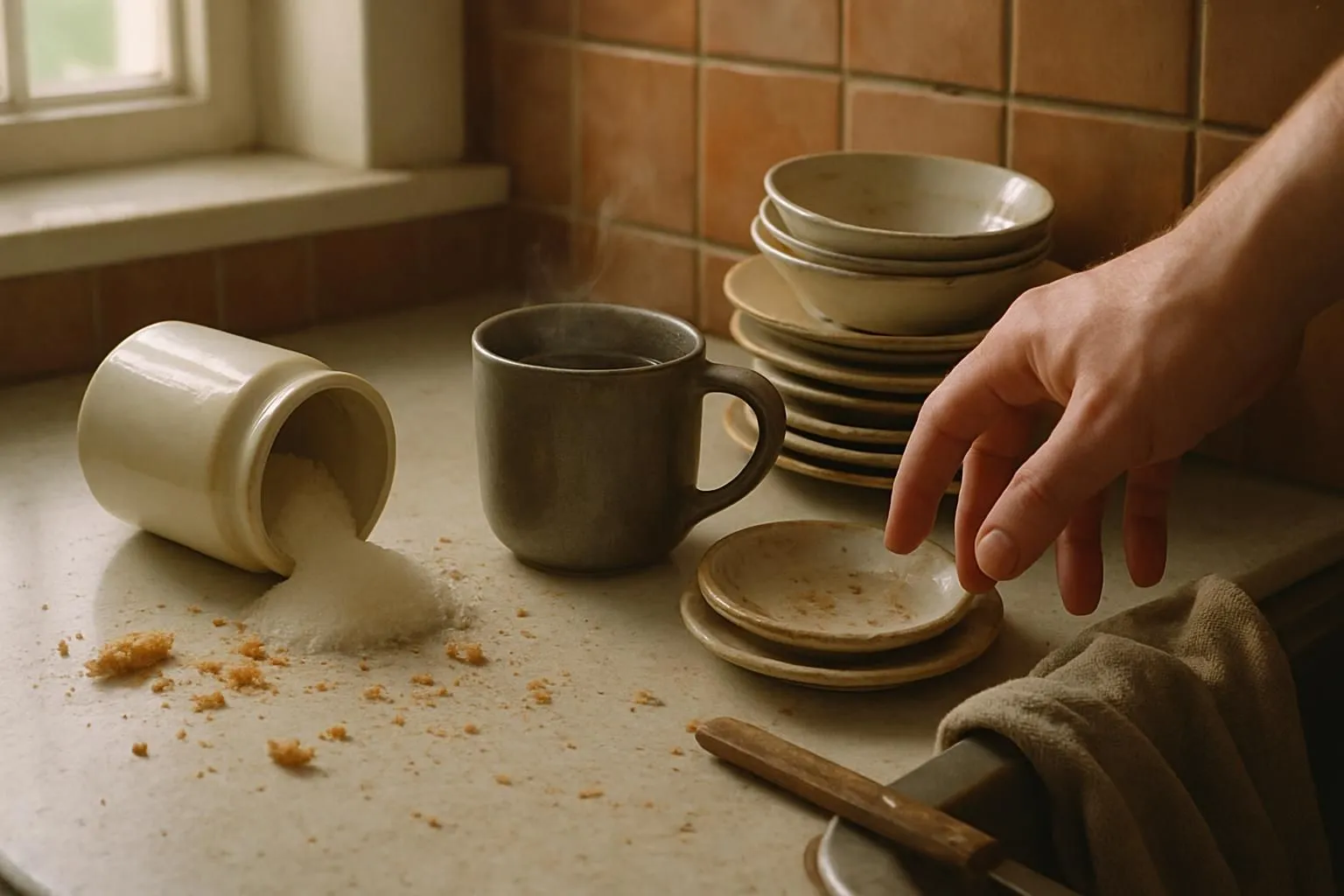 A cluttered kitchen counter reflects the chaos of daily life.