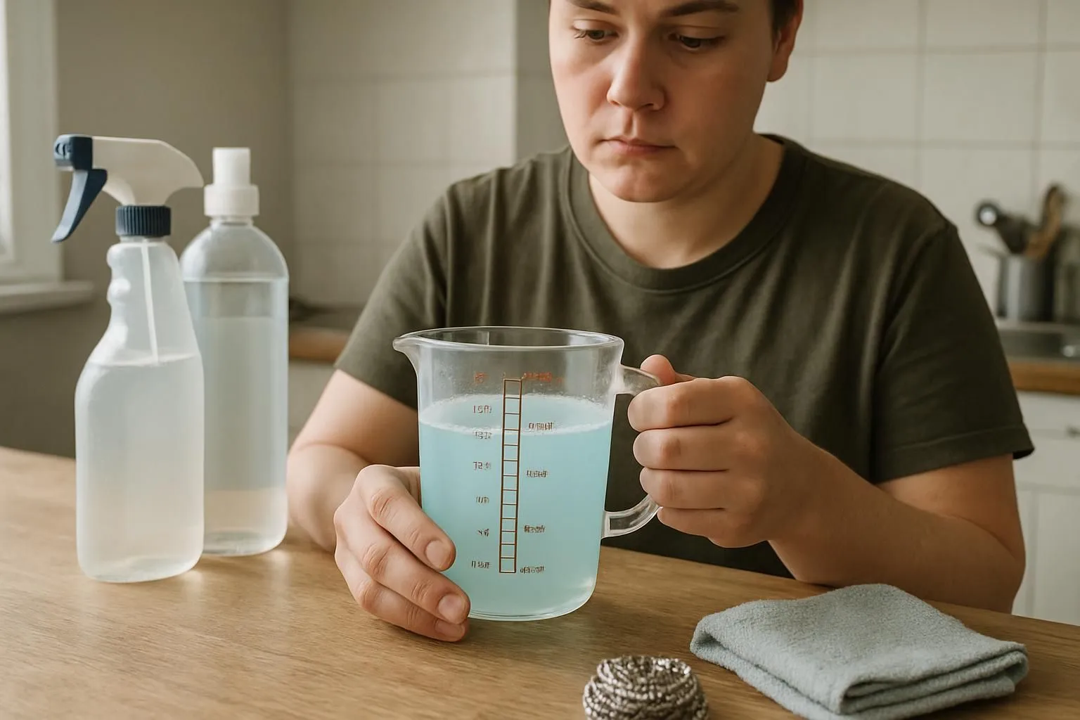 A person measures pale blue disinfectant at a kitchen counter.