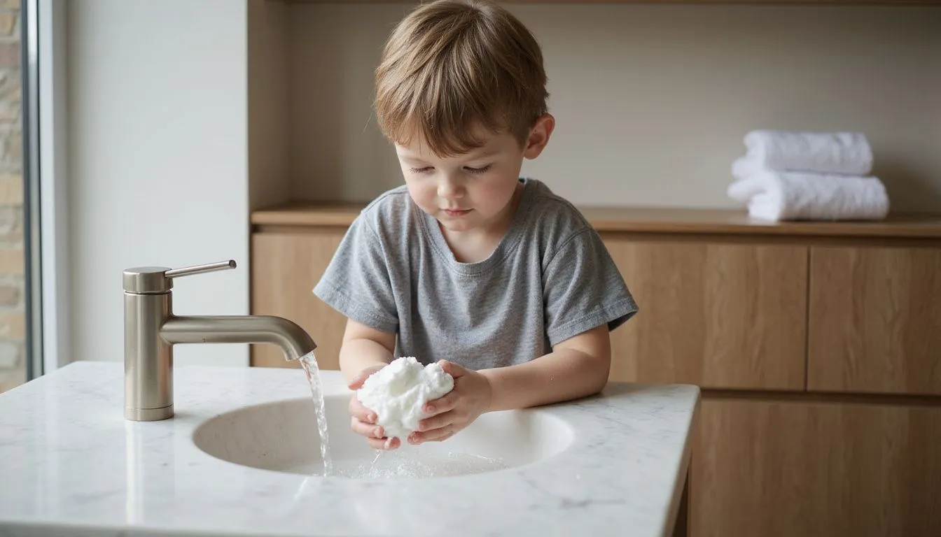 A child washes hands with soap at a modern bathroom sink.