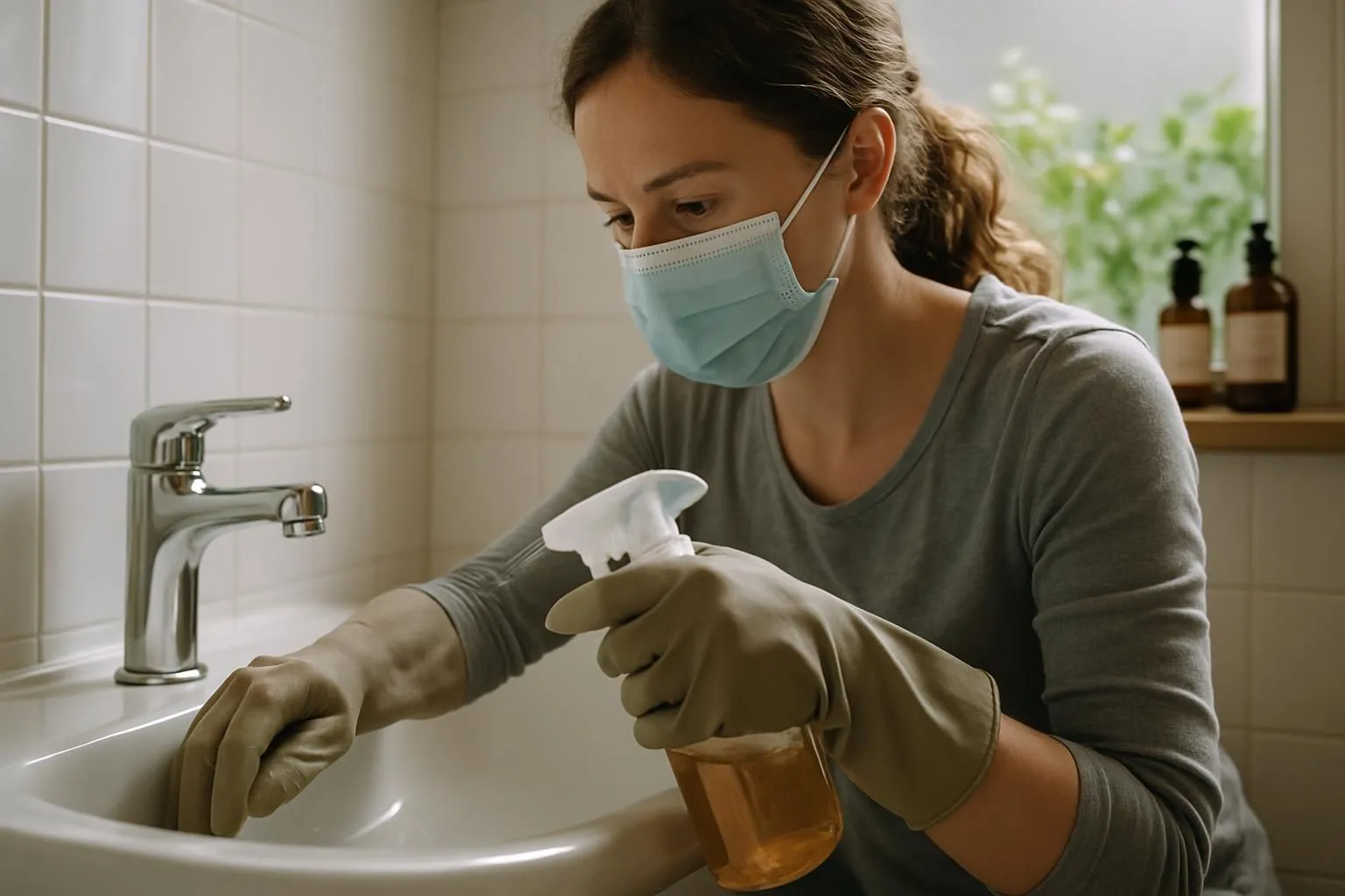 A woman cleans a bathroom sink, reflecting care and hygiene.
