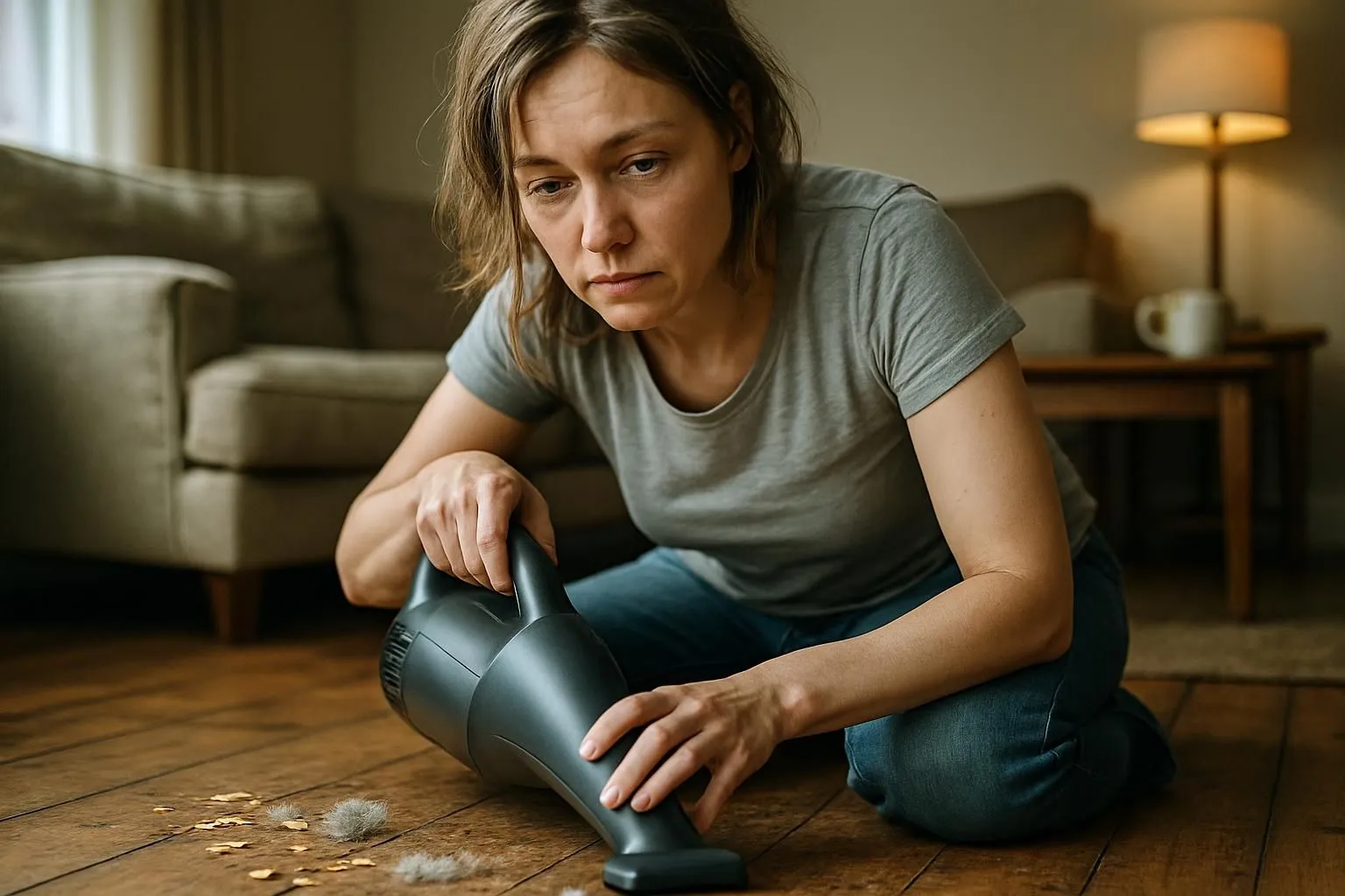 A woman vacuums a lived-in living room, showcasing everyday life.