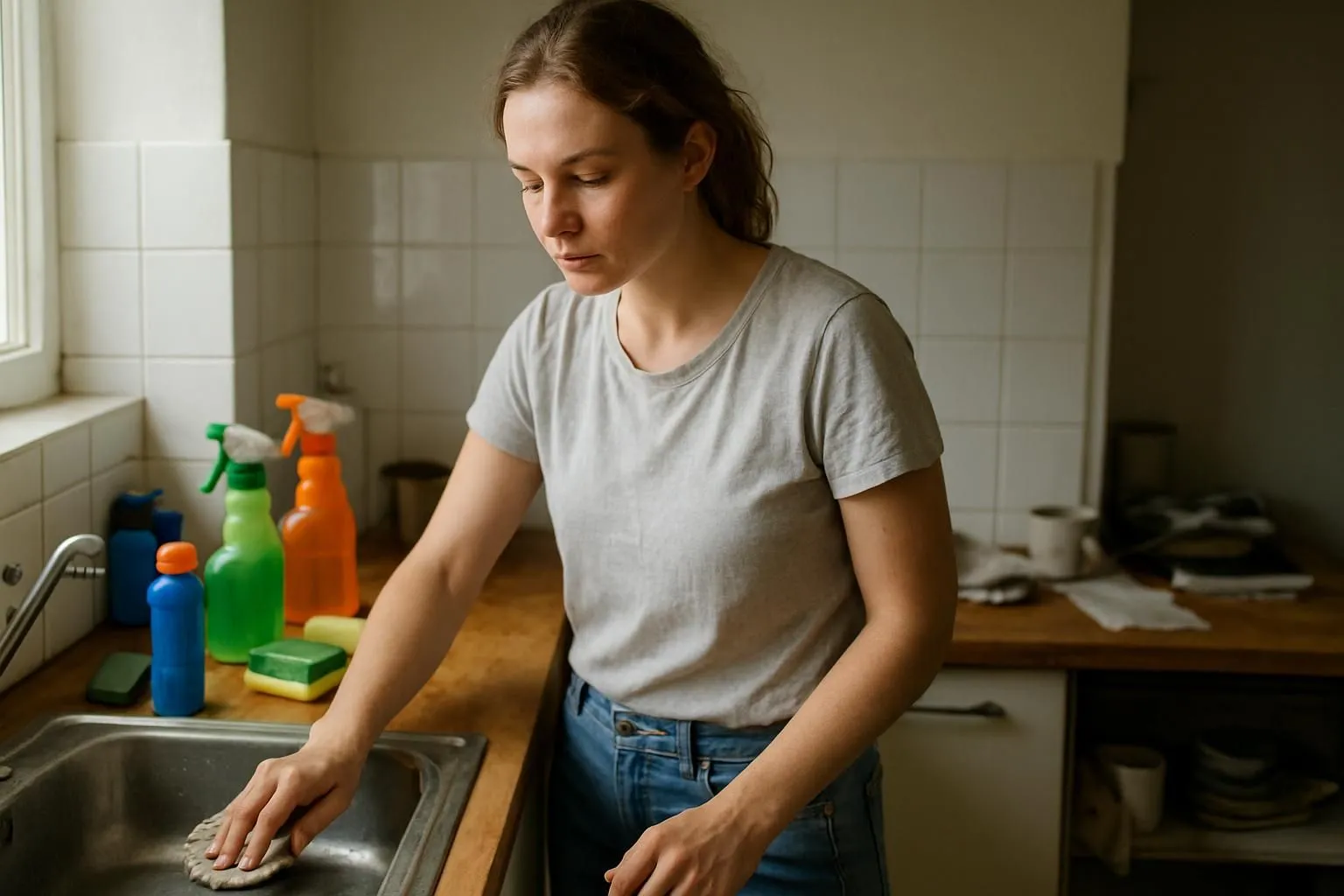 A woman cleans a cluttered kitchen sink with focused determination.