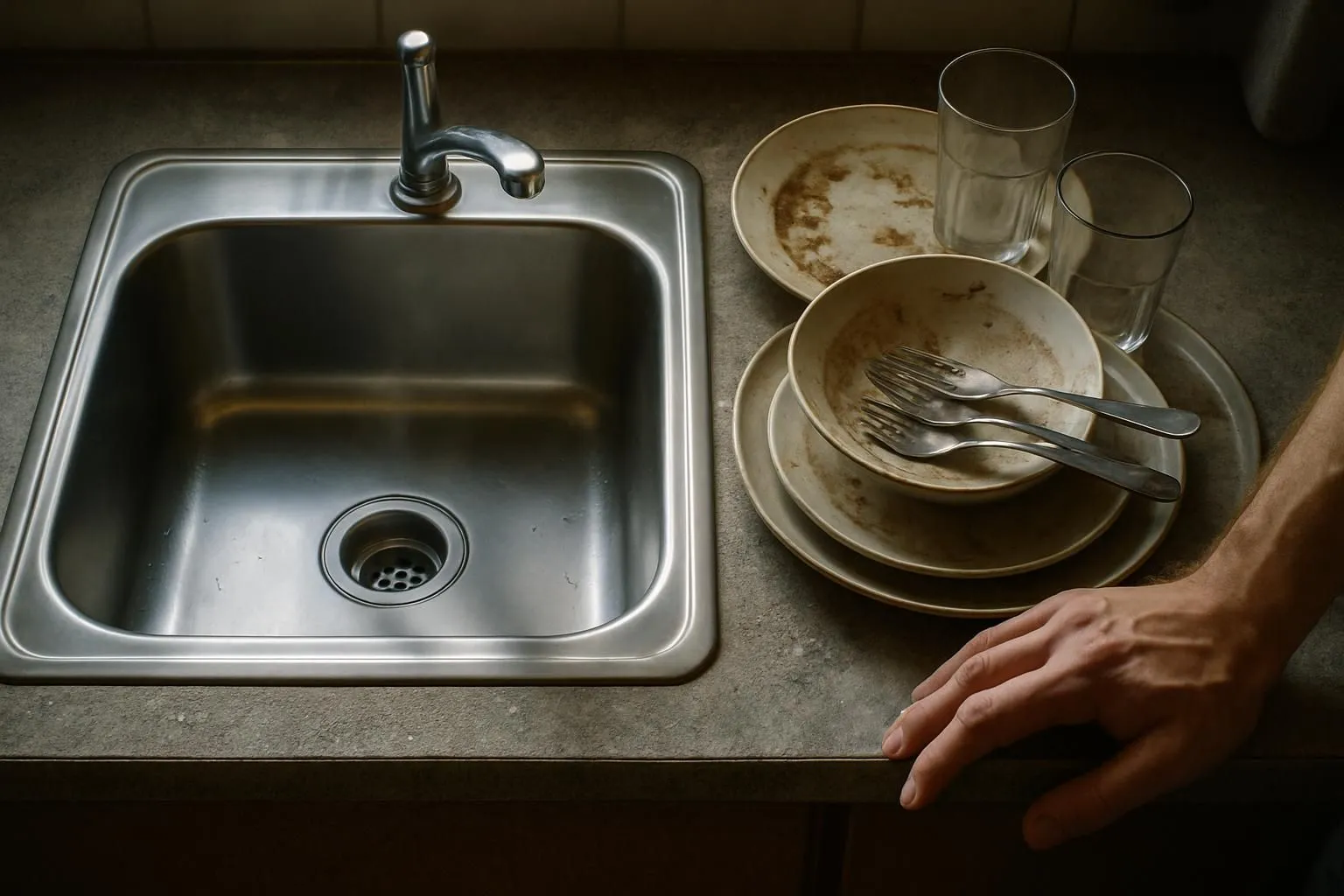 A gleaming kitchen sink contrasts with neglected dirty dishes nearby.