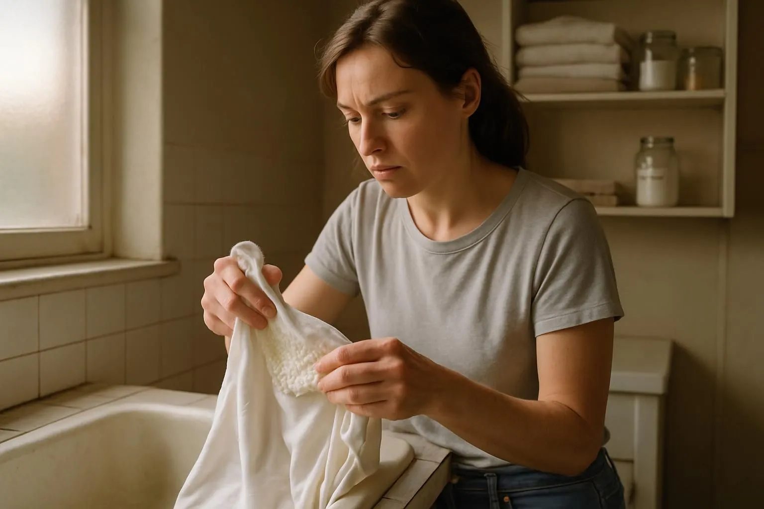 A woman vigorously cleans a stained shirt in a laundry room.