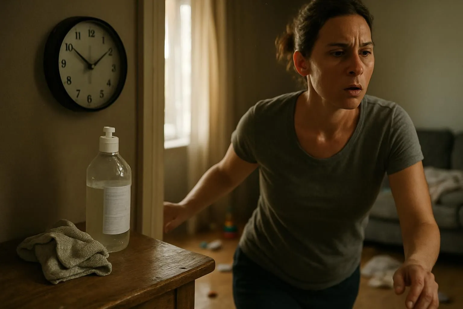 A tired parent exits a cluttered room amidst everyday chaos.