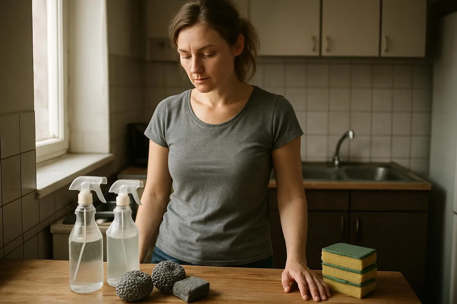 A woman thoughtfully examines cleaning products in a lived-in kitchen.