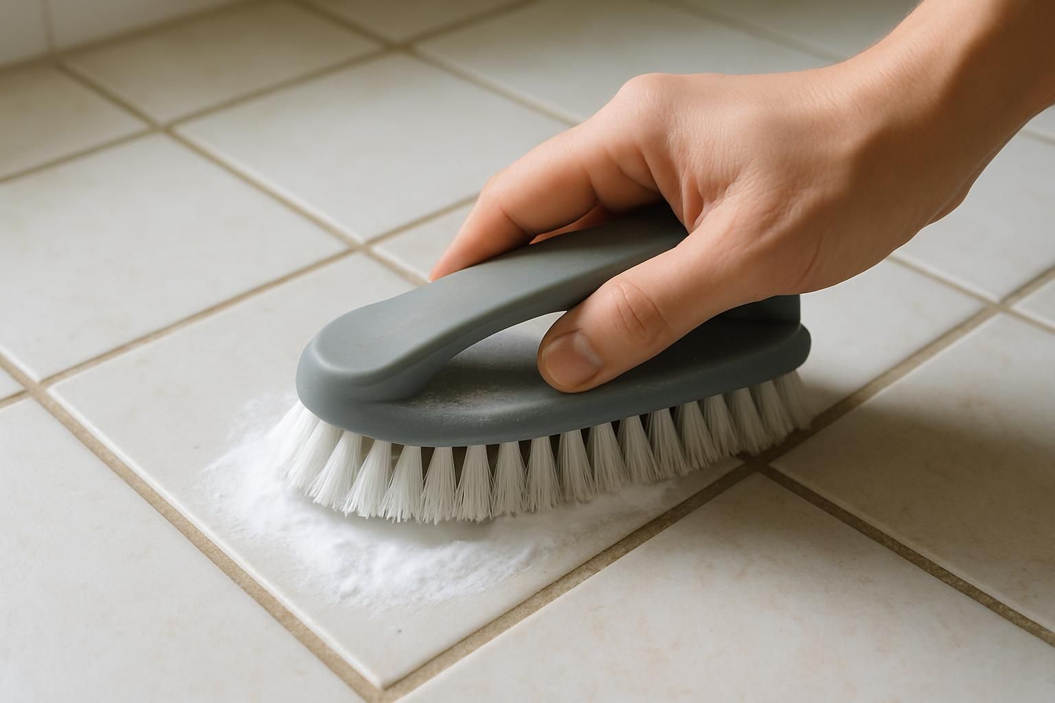 Bathroom tiles and grout being cleaned
